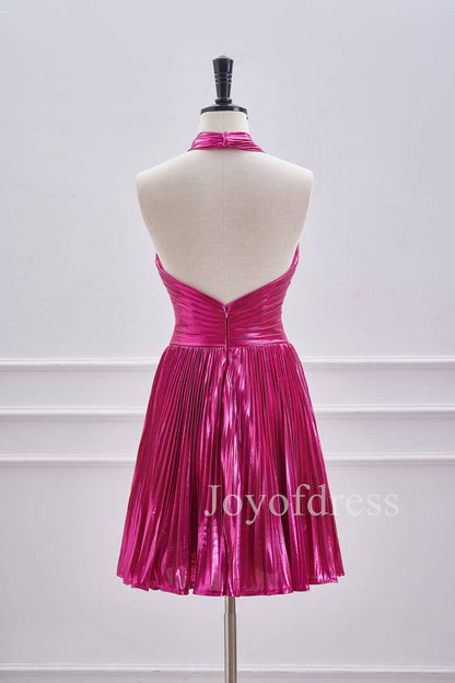 A-Line Halter Fuchsia Keyhole Pleated Short Dress