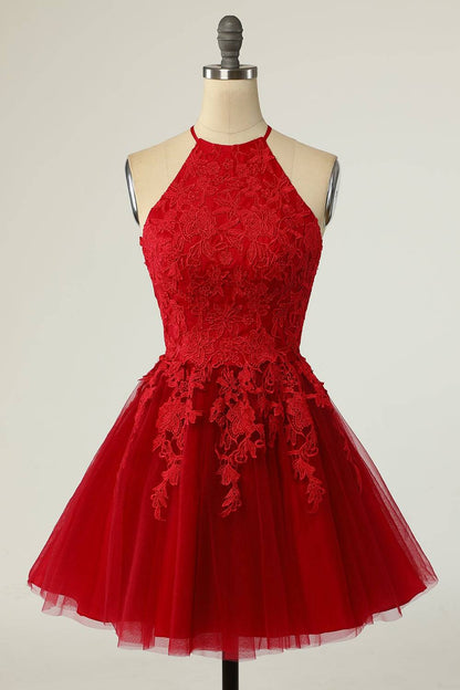 A-line Halter Keyhole Back Applique Mini Homecoming Dress
