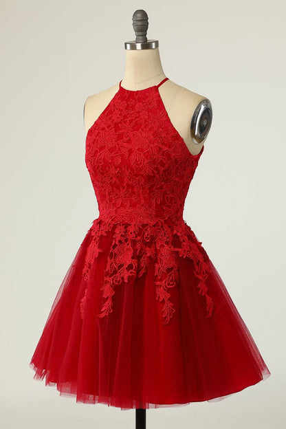 A-line Halter Keyhole Back Applique Mini Homecoming Dress