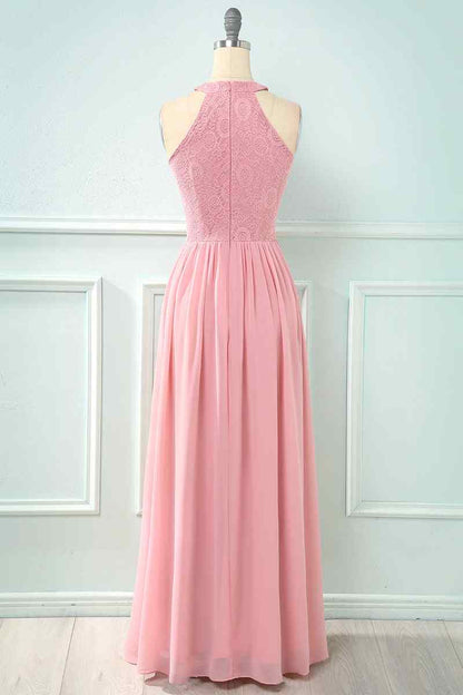 A-line Halter Lace Cut-Out Chiffon Long Bridesmaid Dress