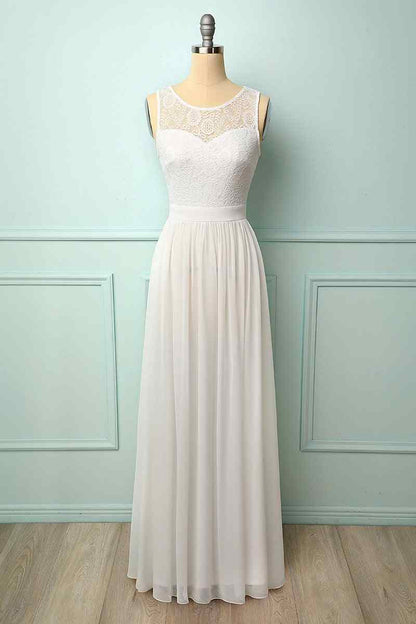 A-line Illusion Lace Neck Chiffon Long Bridesmaid Dress