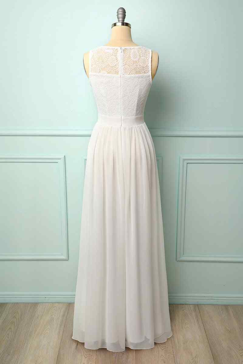 A-line Illusion Lace Neck Chiffon Long Bridesmaid Dress