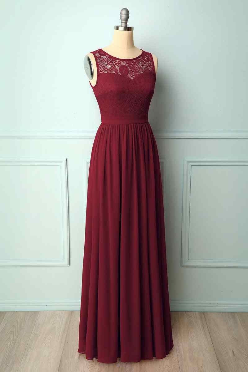 A-line Illusion Lace Neck Chiffon Long Bridesmaid Dress
