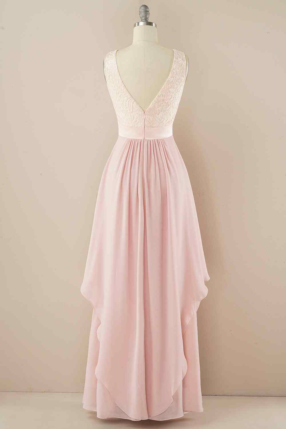 A-line Jewel Lace V Back Chiffon Hi-Low Bridesmaid Dress