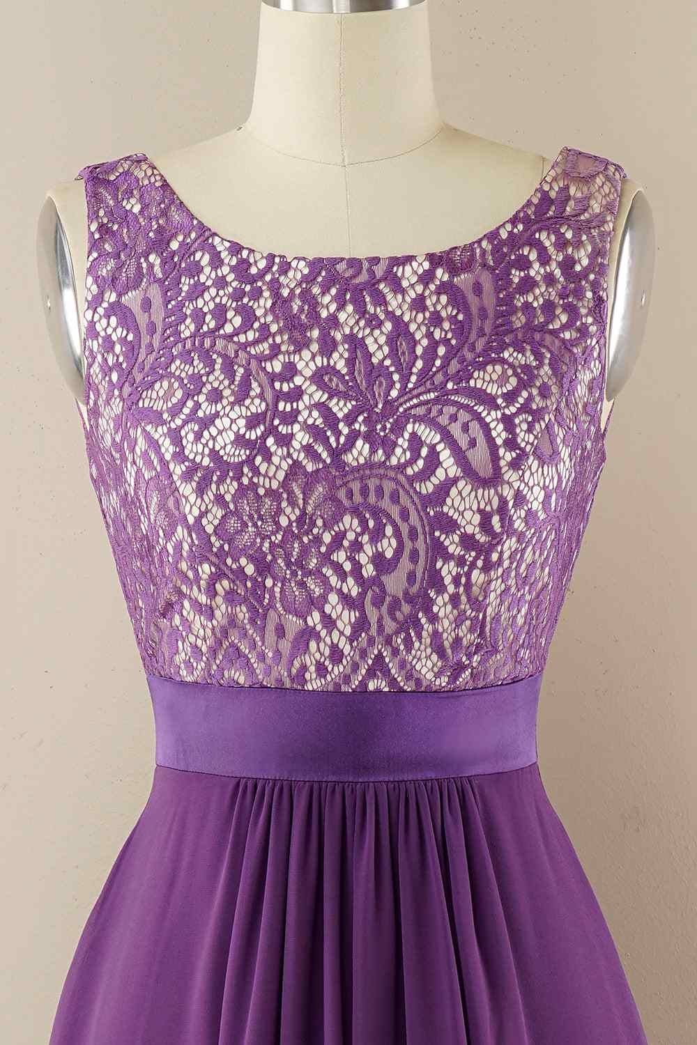 A-line Jewel Lace V Back Chiffon Hi-Low Bridesmaid Dress