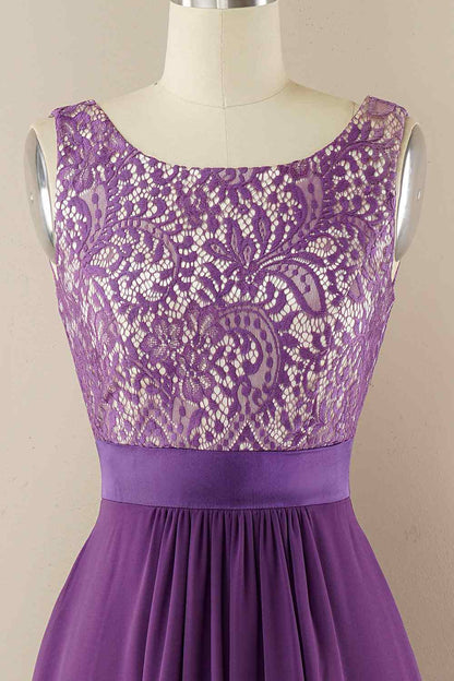 A-line Jewel Lace V Back Chiffon Hi-Low Bridesmaid Dress