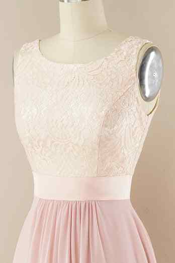 A-line Jewel Lace V Back Chiffon Hi-Low Bridesmaid Dress