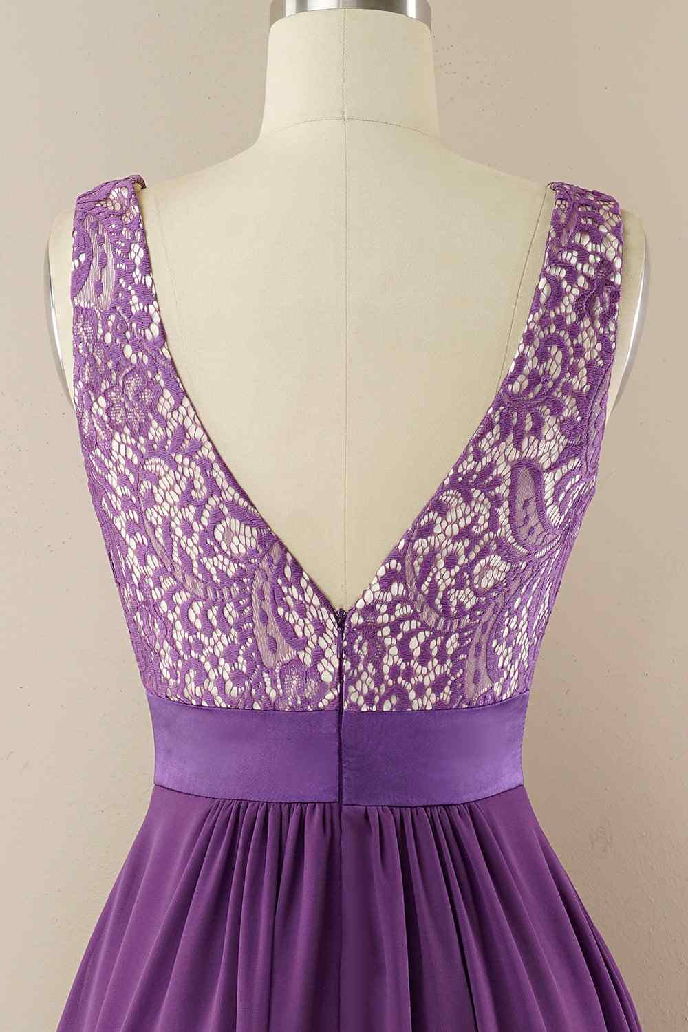 A-line Jewel Lace V Back Chiffon Hi-Low Bridesmaid Dress
