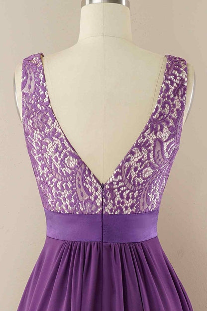 A-line Jewel Lace V Back Chiffon Hi-Low Bridesmaid Dress