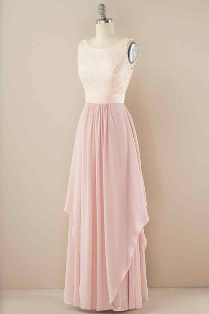 A-line Jewel Lace V Back Chiffon Hi-Low Bridesmaid Dress