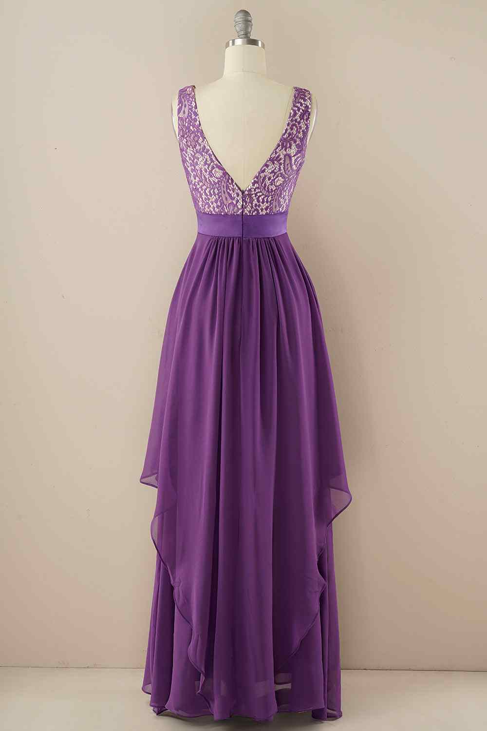 A-line Jewel Lace V Back Chiffon Hi-Low Bridesmaid Dress