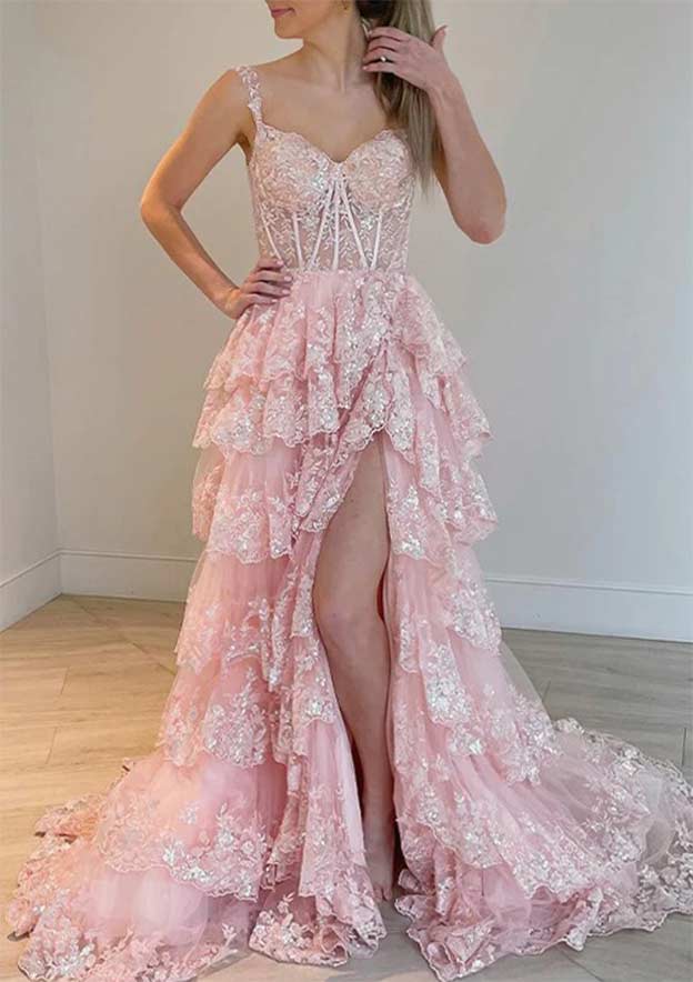 A-Line Sweetheart Neck Tulle Sequin Navy Blue Long Prom Dress P631