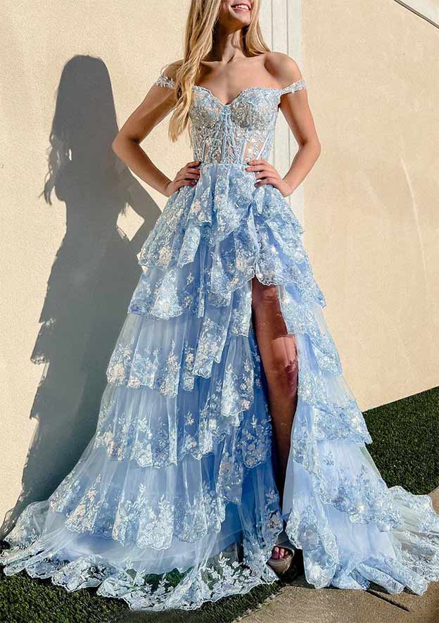 A-Line Sweetheart Neck Tulle Sequin Navy Blue Long Prom Dress P631