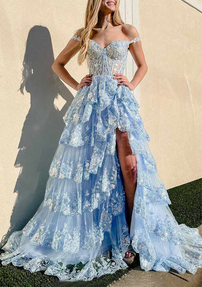 A-Line Sweetheart Neck Tulle Sequin Navy Blue Long Prom Dress P631