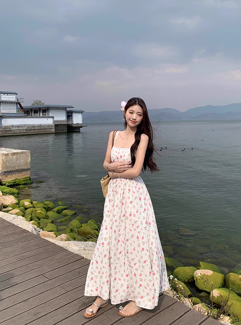 Retro Fashion Floral Design Beach Holiday A-line Spaghetti Strap Dress TP3376