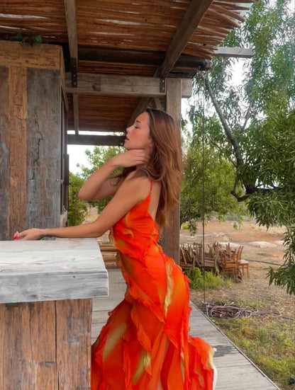 Orange Fashion Elegant Spaghetti Strap Long Ruffle Chiffon Ball Gown Evening Dress Party Dress Wedding Guest Dress gh3318
