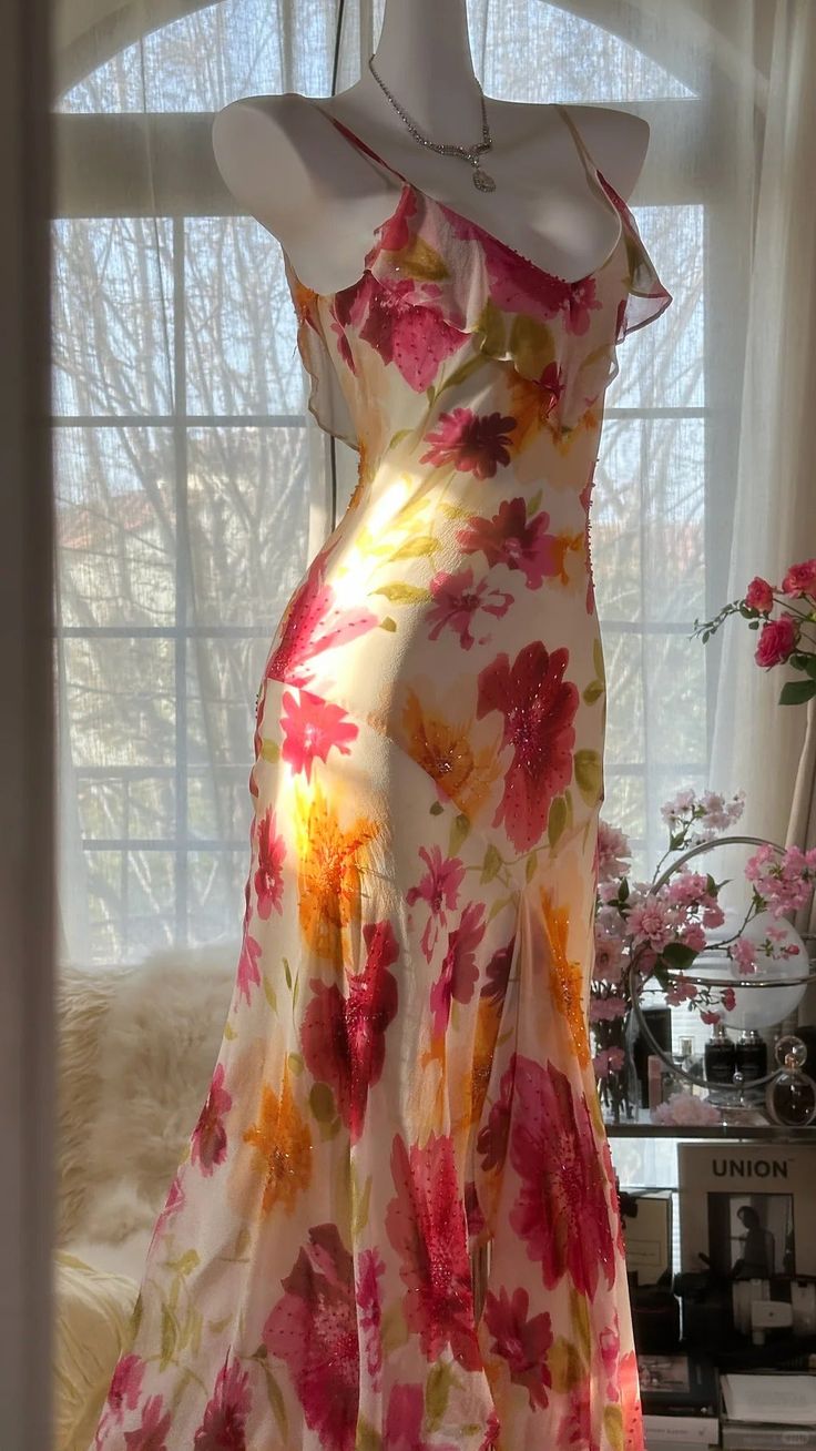 Romantic Ruffled Colorful Floral Printed Mermaid Chiffon Spaghetti Strap Prom Dress TP5686