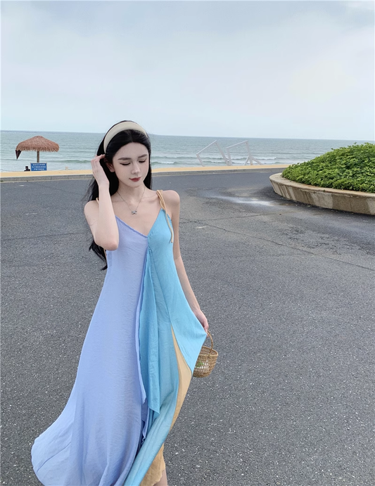 Simple Multi-color Splicing Design A-Line Casual V-neck Spaghetti Strap Dress TP3160