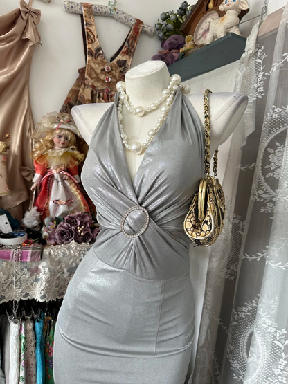 Light Gray Halter Spaghetti Strap Fitted Waist Retro Long Ball Gown Evening Dress gh7116