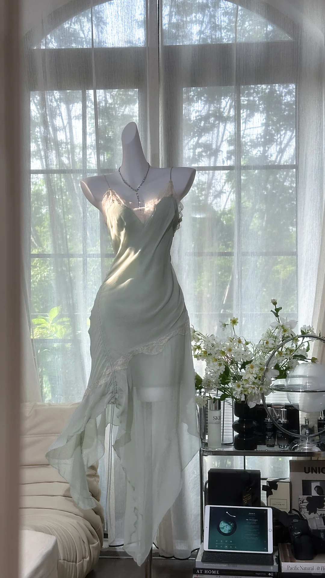 Vintage Mint Green Irregular Lace Hem Spaghetti Strap Design Chiffon Prom Dress Evening Dress  TP4246