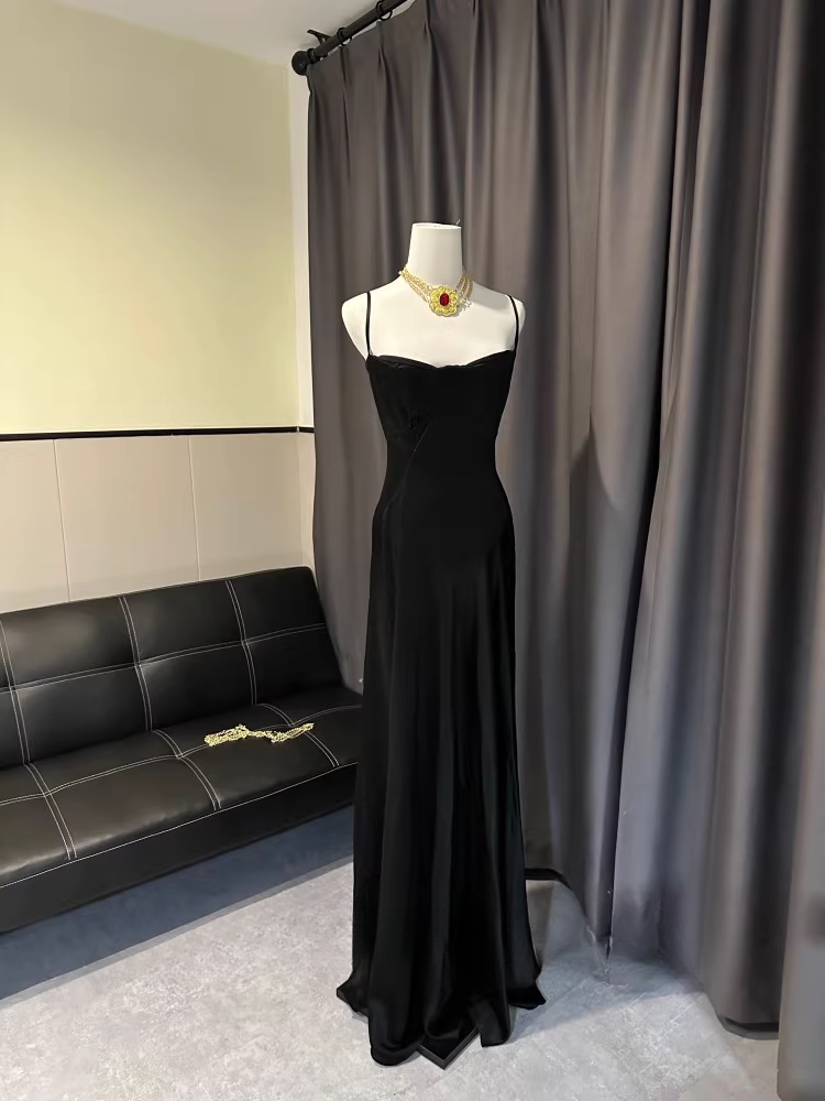 Chic Black Satin Lace-up Sheath Evening Gown Spaghetti Strap Party Dress Long Formal Dress TP4921