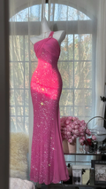 Sparkly Hot Pink Mermaid Evening Gown One-Shoulder Sequin Floor-Length Prom Dress TP5743