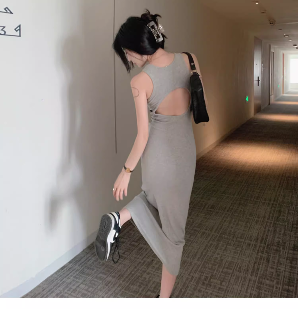 Simple Women Fashion Gray Black Halter Dress TP2988