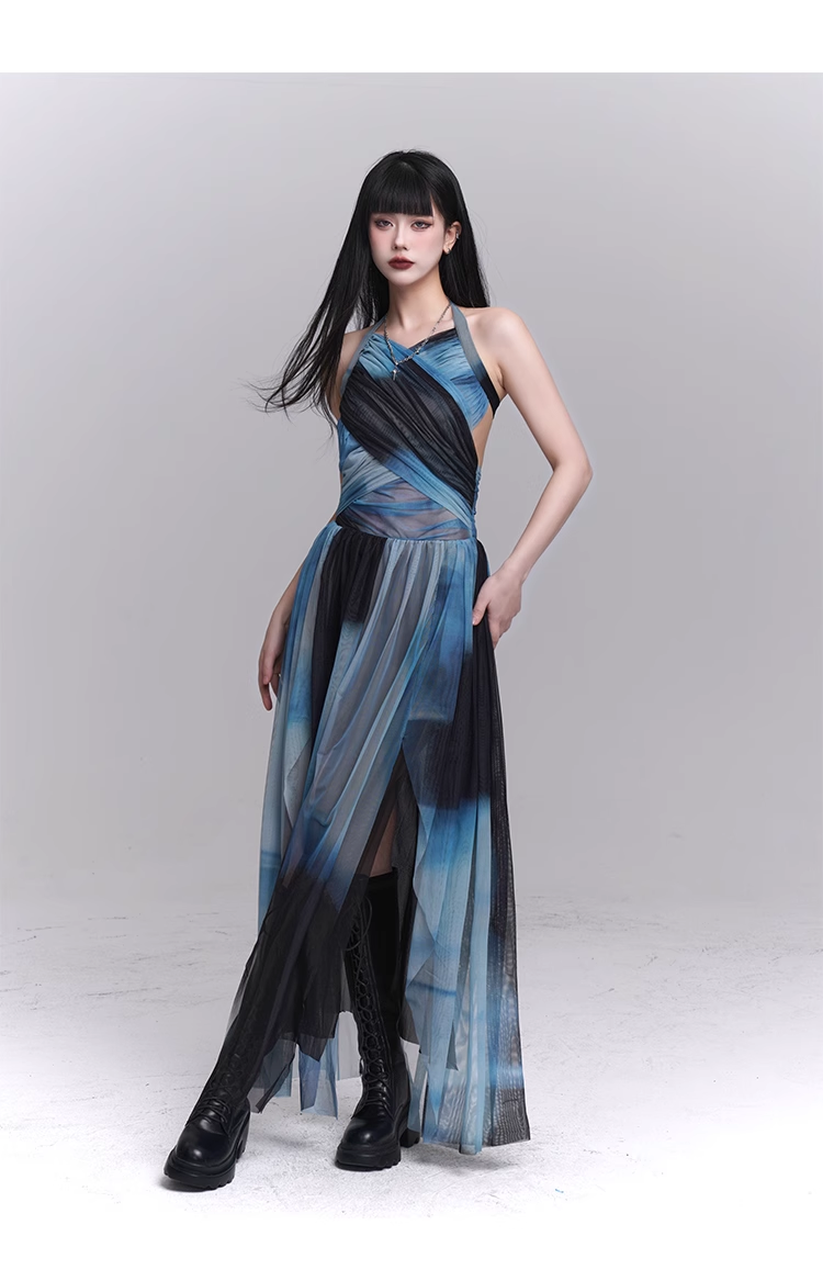New Fashion Party Blue Chiffon Halter Dress TP2957