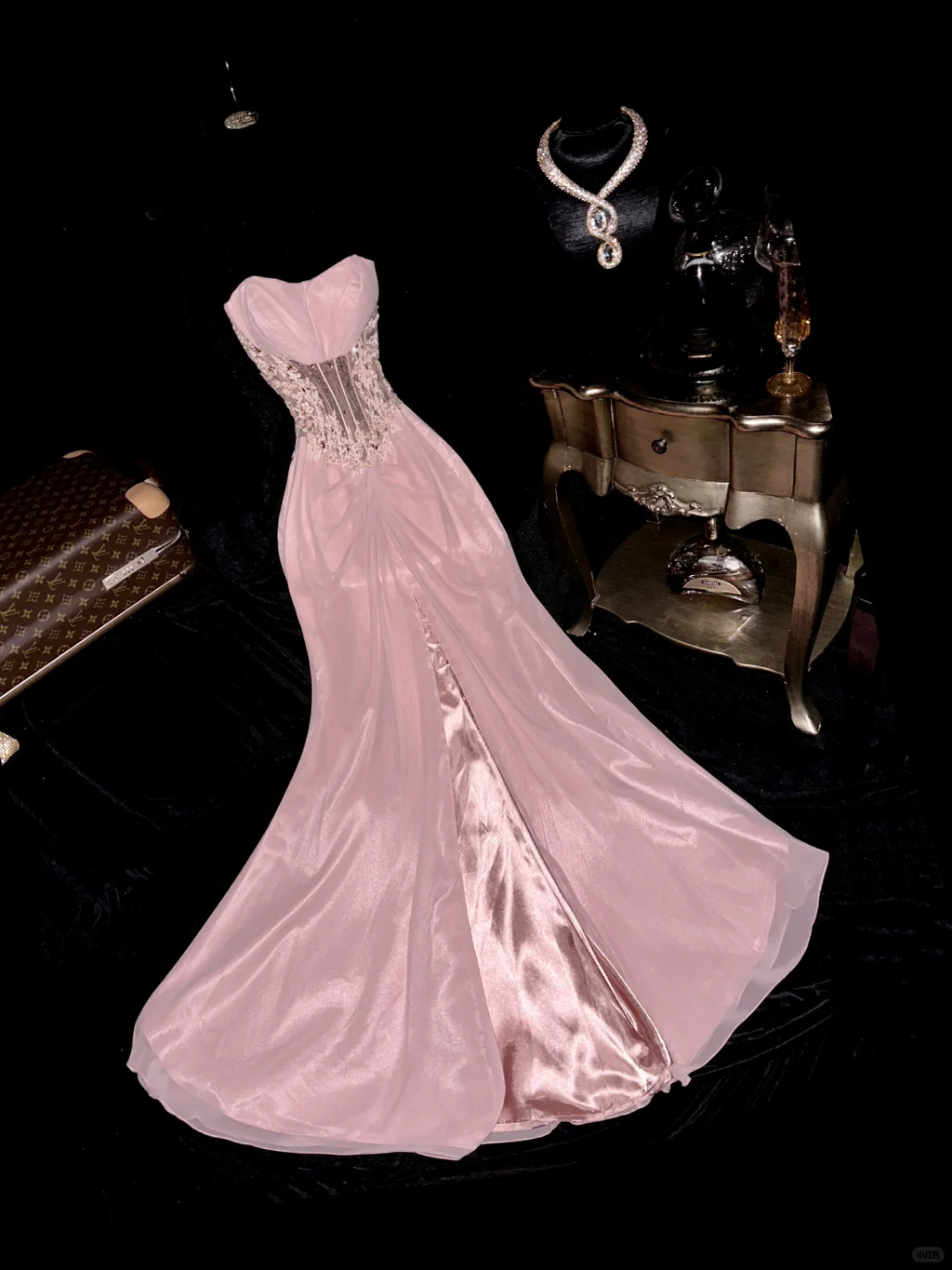 Vintage Pink Strapless A-Line Lace-Up Bodice Sweetheart Satin Evening Gown TP5372
