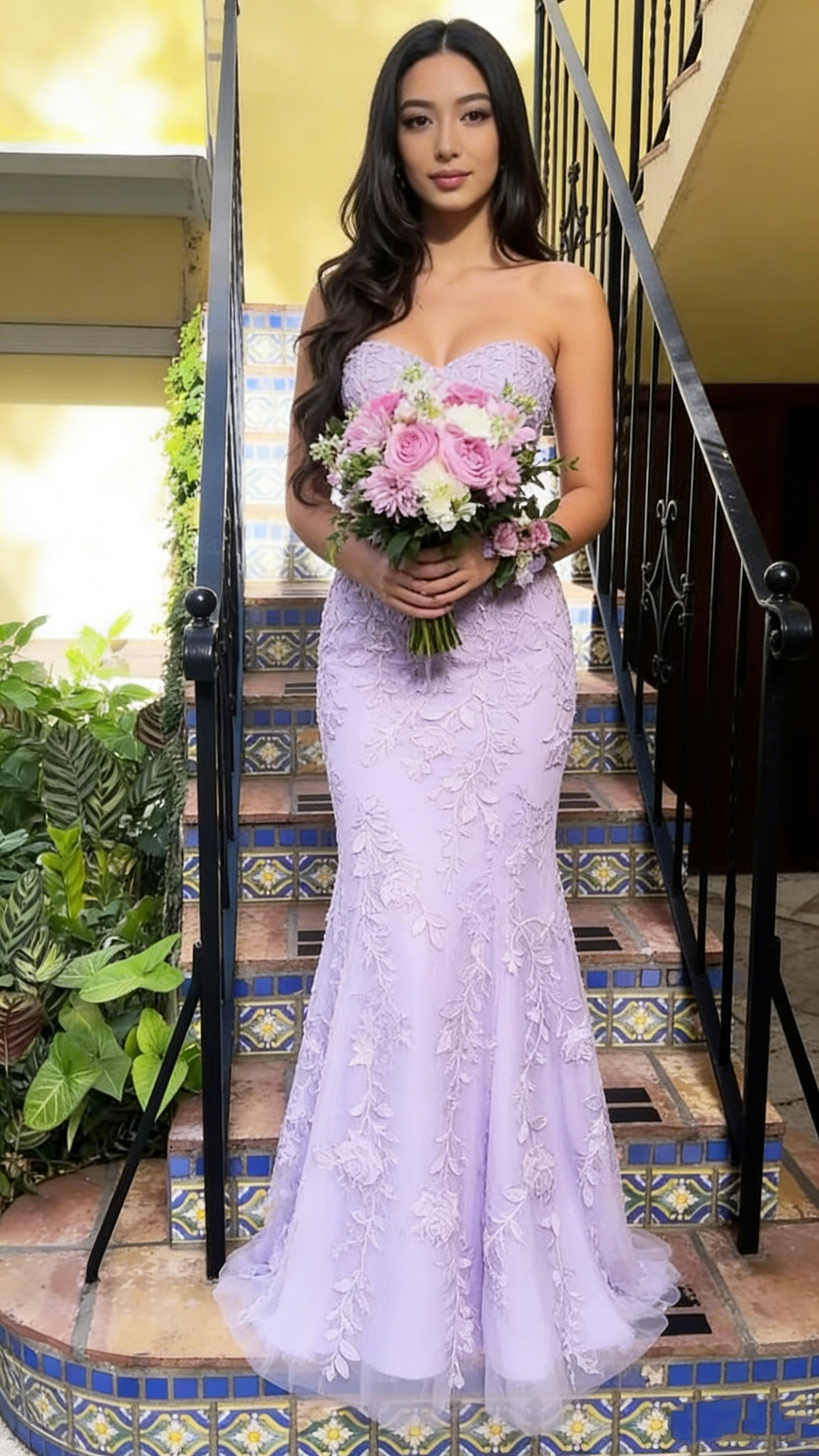 Vintage Lilac Strapless Mermaid Prom Gown Floral Lace Applique Evening Dress TP5715