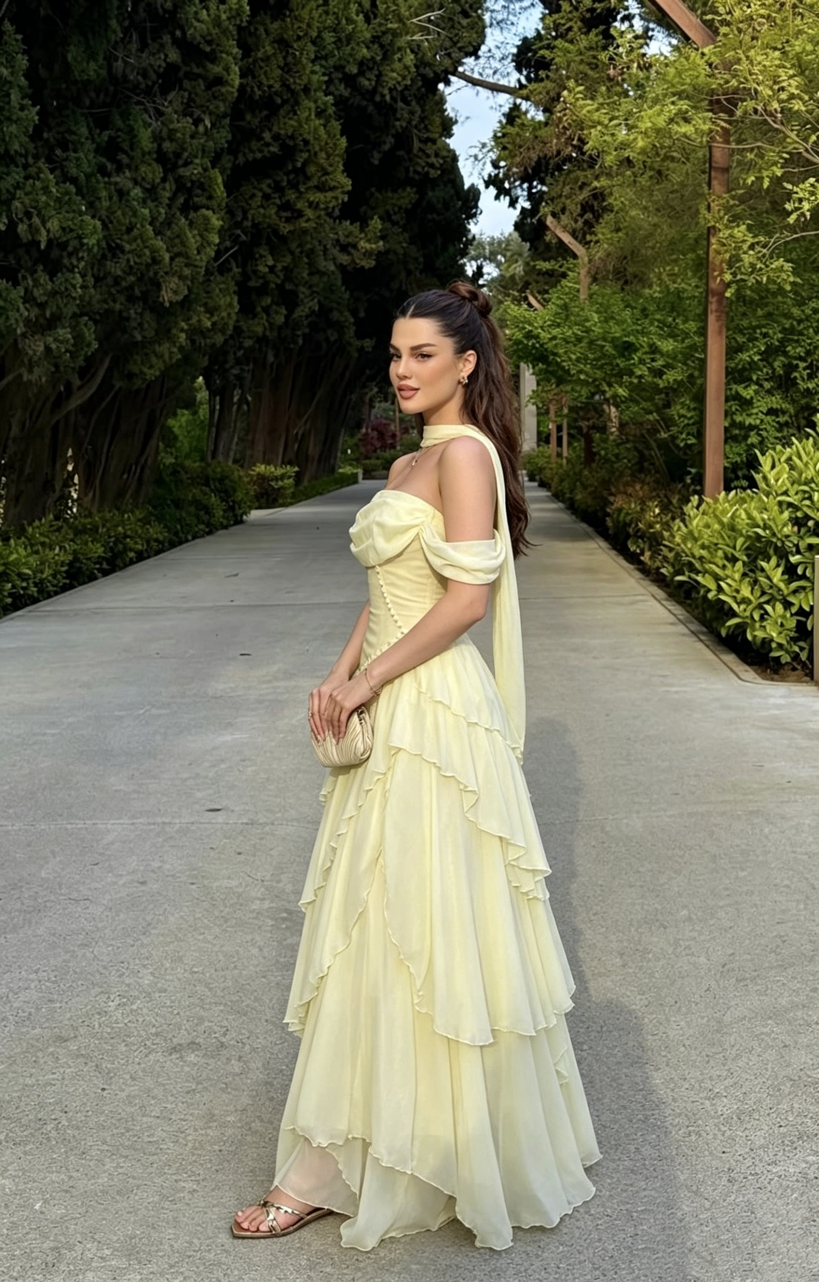 Vintage Pale Yellow Off-the-Shoulder Chiffon A-Line Tiered Ruffle Evening Gown TP5850