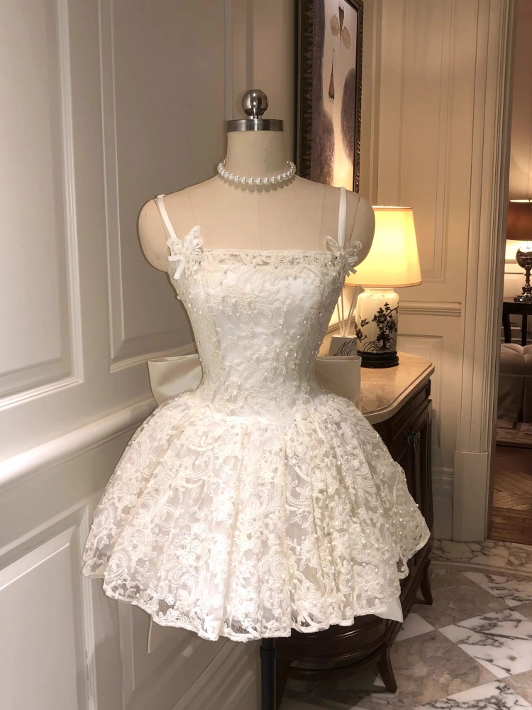Vintage White Lace Bowknot Design Spaghetti Strap A-Line Homecoming Dress Party Dress Cocktail Dress TP4728