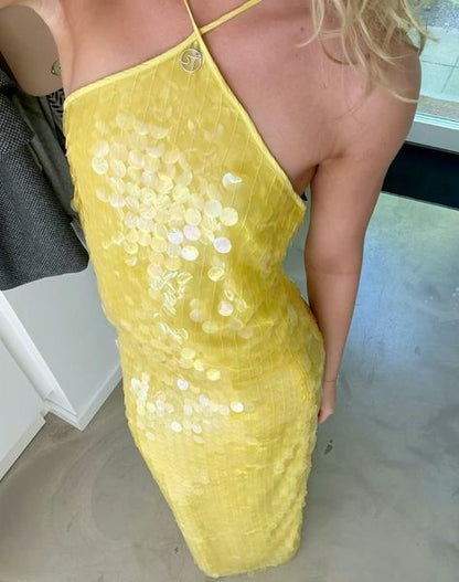 Yellow shiny fashion sequins two-piece suit long seaside holiday travel party dress gh4860