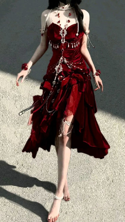 Blue/Burgundy Gorgeous Elegant Delicate Beaded Spaghetti Strap Long Ruffled Velvet Ball Gown Evening Gown Party Dress gh4169