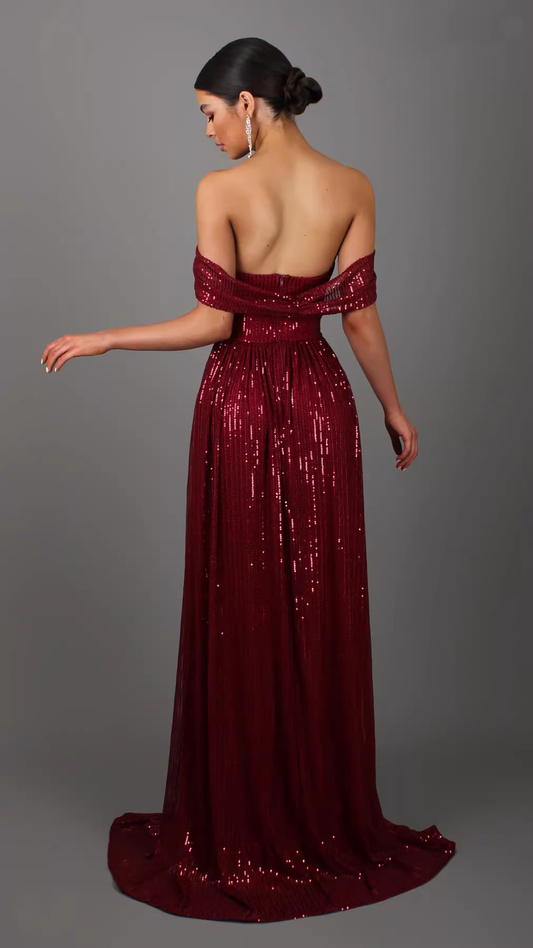 Elegant Sequin Off-he-Shoulder Prom Dress Evening Gown with High Slit & Train Wedding Guest Maxi Dress TP5749