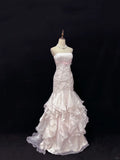 Vintage Pink Mermaid Strapless Pearl Embellishments Ruffled Tiered Evening Gown TP5175