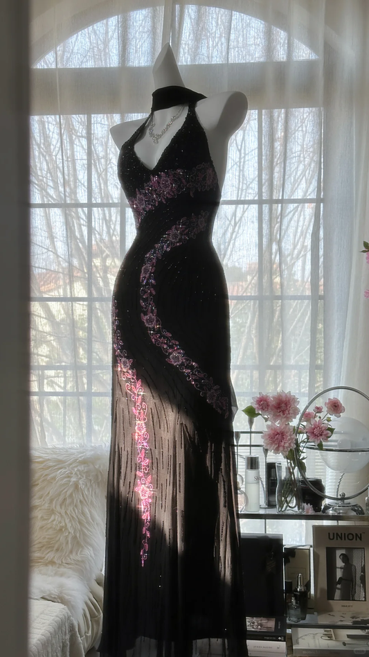 Retro Black V-neck Applique Design Romantic Chiffon Evening Dress Prom Dress TP4011