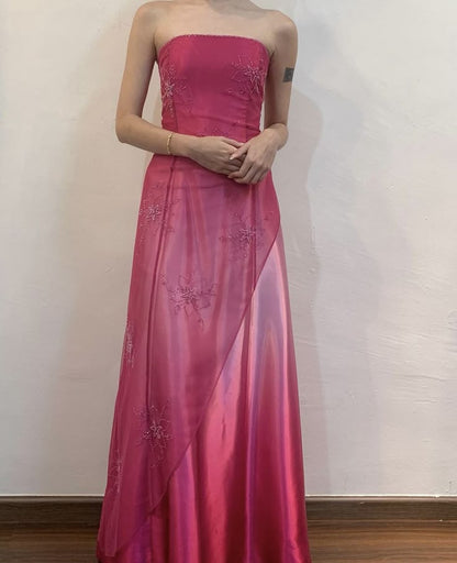 Pink Fashion Gradient Elegant Exquisite Floral Beading Long Tulle Satin Ball Gown Evening Dress Party Dress Prom Dress gh3663
