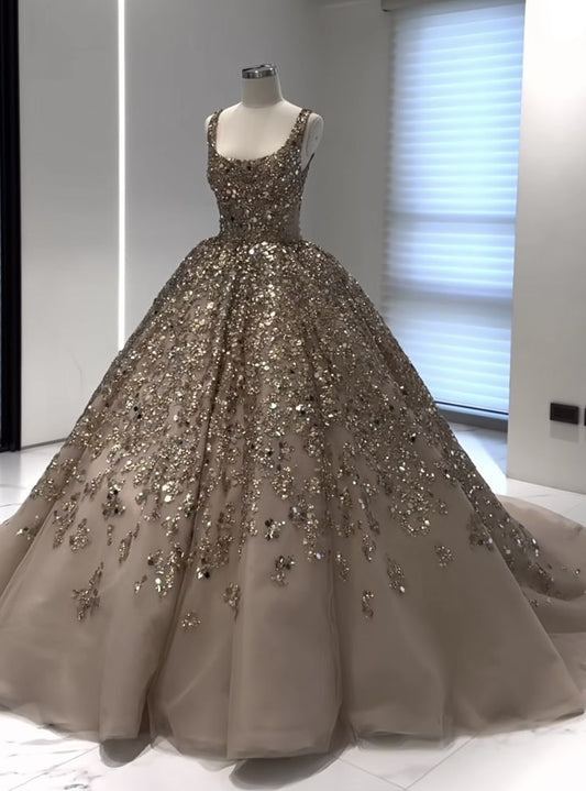 Nude pink gorgeous shiny gold sequins elegant long tulle sequin ball gown evening dress gh3197