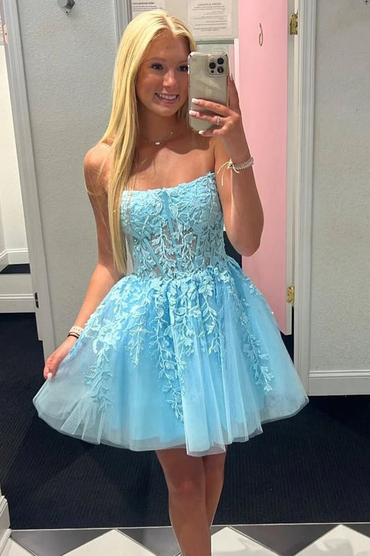 Hot Pink A-Line Tulle Lace Homecoming Dress with Appliques