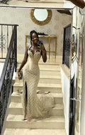 Glamorous Champagne Beaded Sweetheart Sheath High Slit Evening Gown TP5434