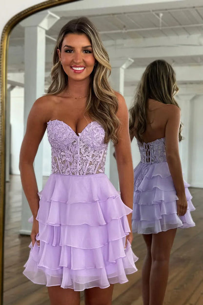 Strapless Blue Sheer Corset A-Line Ruffle Homecoming Dress