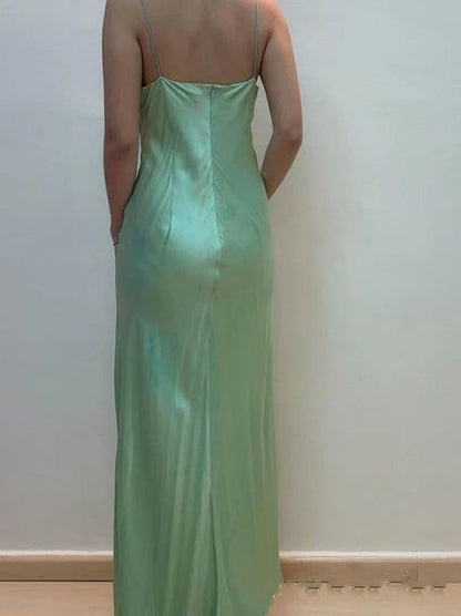 Green Vintage Fashion Beaded Spaghetti Straps Long satin Formal Prom Dress, Evening Dress, Party Dress gh3501