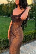 Sexy One Shoulder Black Mermaid Glitter Pleated Slit Long Prom Dresses TP1695