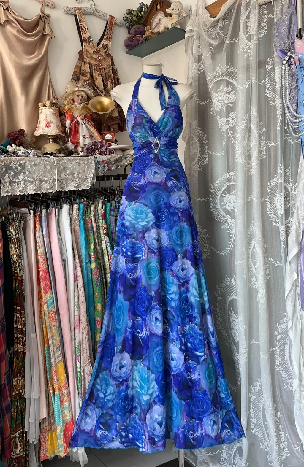 Vintage Navy Blue Floral V-neck Halter Dress Elegant A-Line Long Evening Dress Prom Dresses TP4197