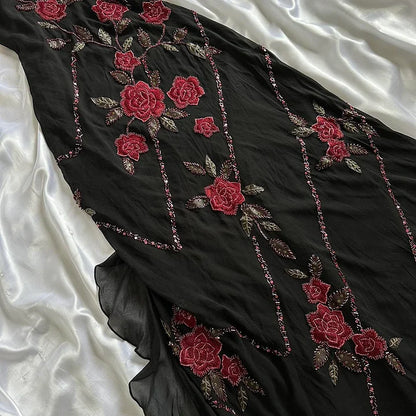 Black gorgeous tight strapless exquisite red rose floral beaded long tulle ball gown evening dress gh3157