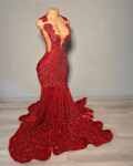 Red Crystal Mermaid Prom Dresses Long Sequin Wedding Party Gown