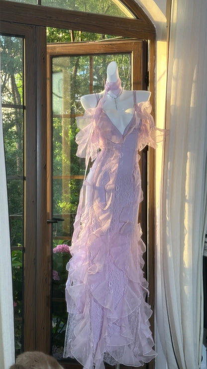 Lilac Romantic Lace Elegant Long Chiffon Ball Gown Evening Dress Party Dress Date Dress gh4613