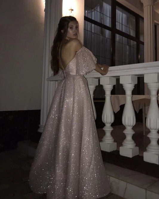 Bling Sequin Prom Dresses Puffy Sleeves Leg Split,Formal dress