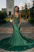 Vintage Dark Green Glittering Beaded Prom Dress Halter-neck Evening Gown Mermaid Party Dress Long Formal Dress TP4859